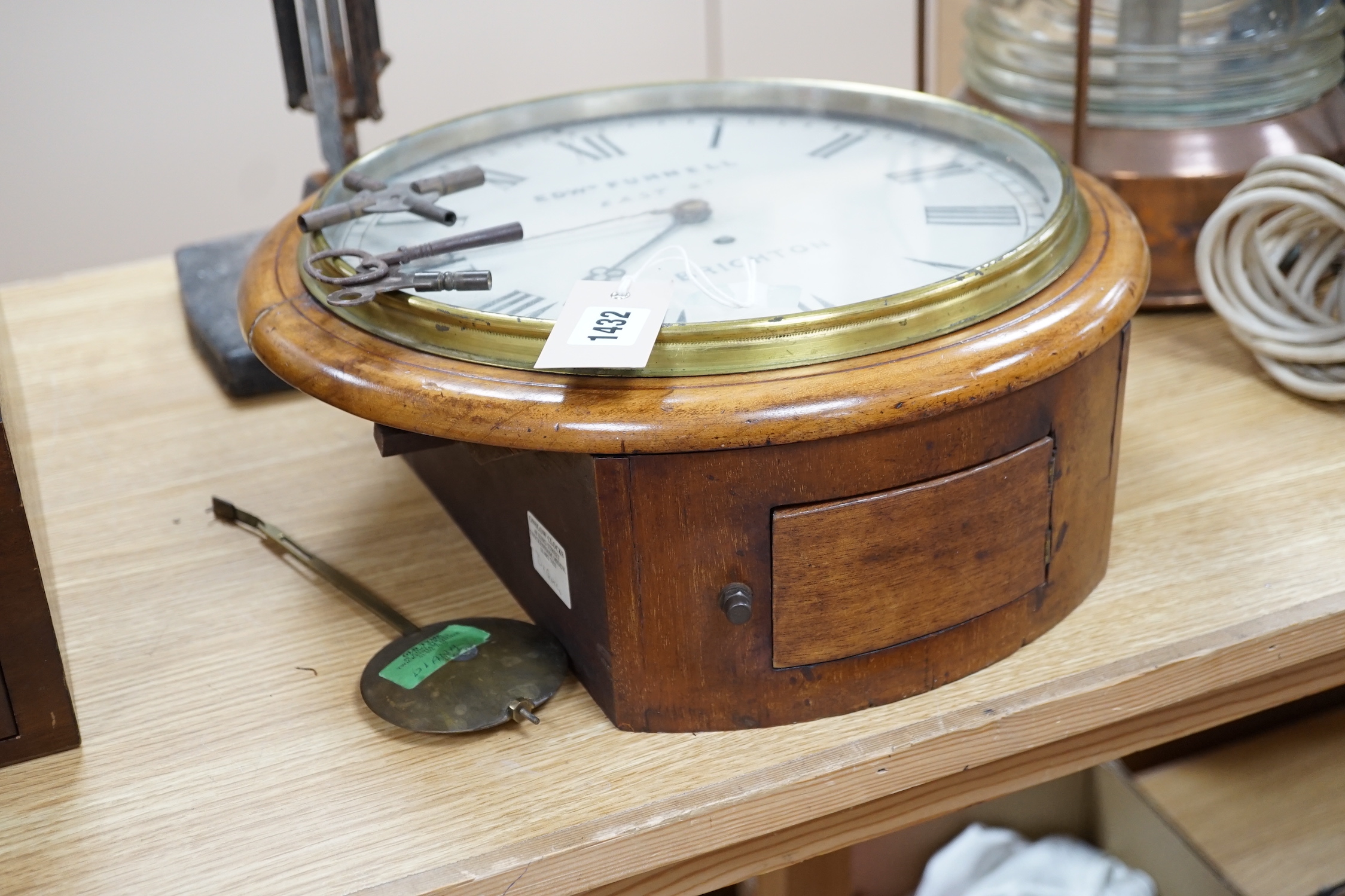 A mahogany single fusee wall timepiece, dial inscribed Edwd Funnell, Brighton, 36cm in diameter